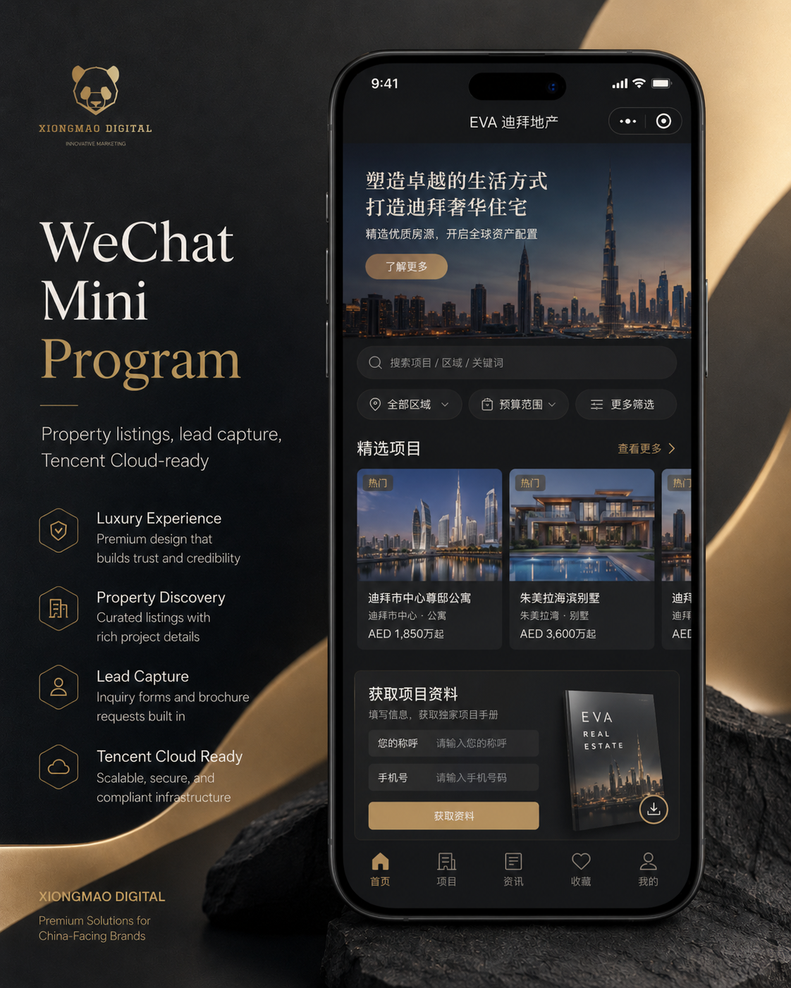 Luxury real estate WeChat Mini Program iPhone mockup with property listings filters and lead form