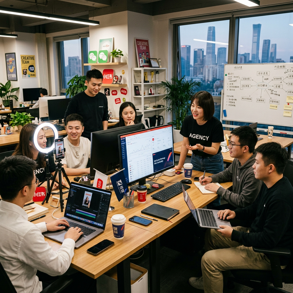 Team of six people collaborating around computer screens in an office